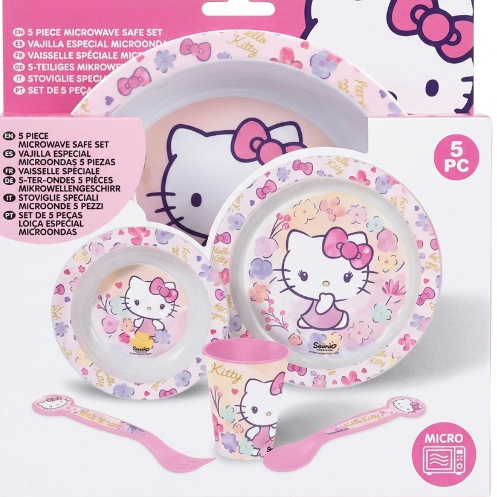 Set pappa Hello Kitty 5 pezzi riutilizzabile – vista completa con posate, bicchiere e piatti