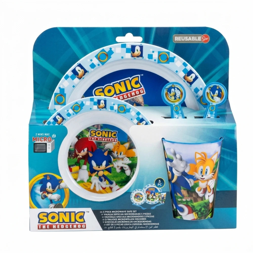 Set pappa Sonic The Hedgehog 5 pezzi completo – piatto piano, piatto fondo, bicchiere e 2 posate azzurro blu