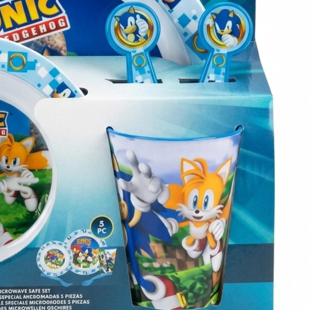 Bicchiere e posate set pappa Sonic – manico a medaglione Sonic con Tails in azione
