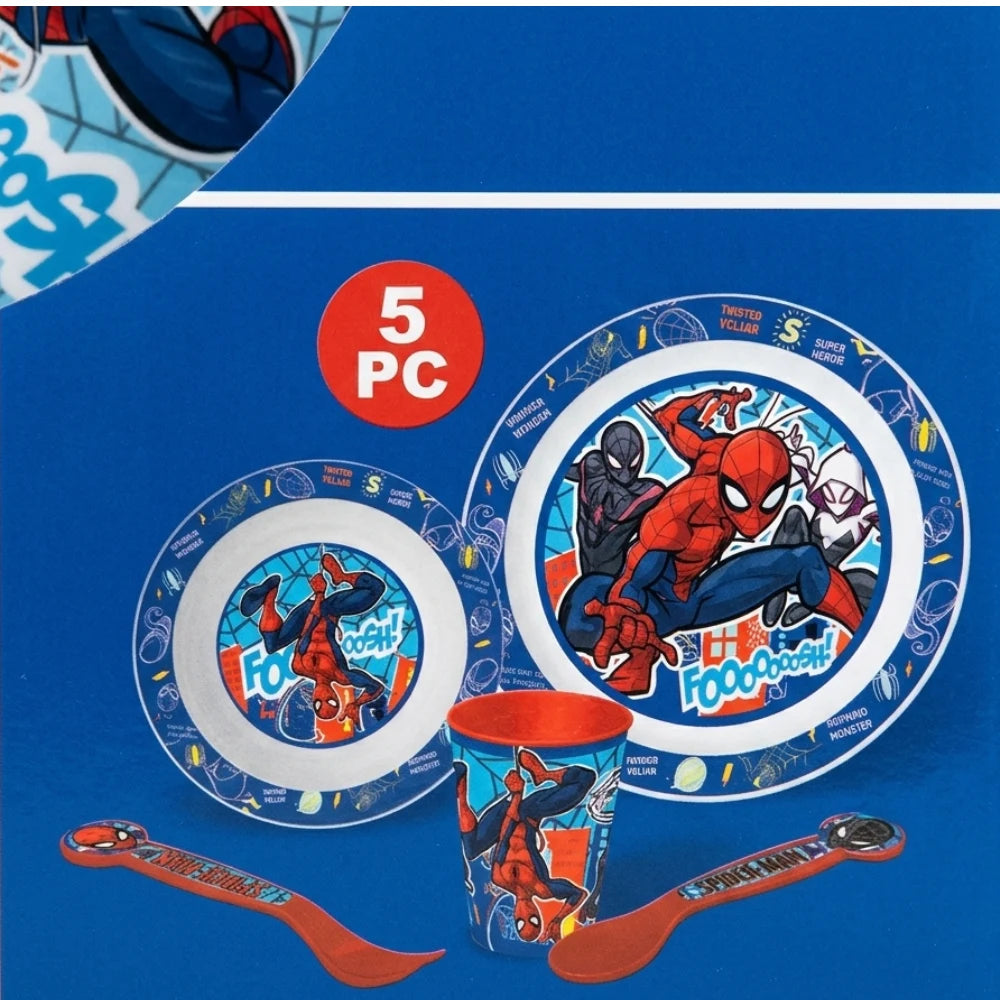 Set pappa Spider-Man Marvel 5 pezzi completo – piatto piano, piatto fondo, bicchiere e 2 posate blu rosso
