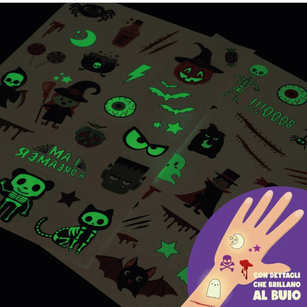 Confezione tatuaggi temporanei Halloween Legami con grafica vampiro e fogli tattoo