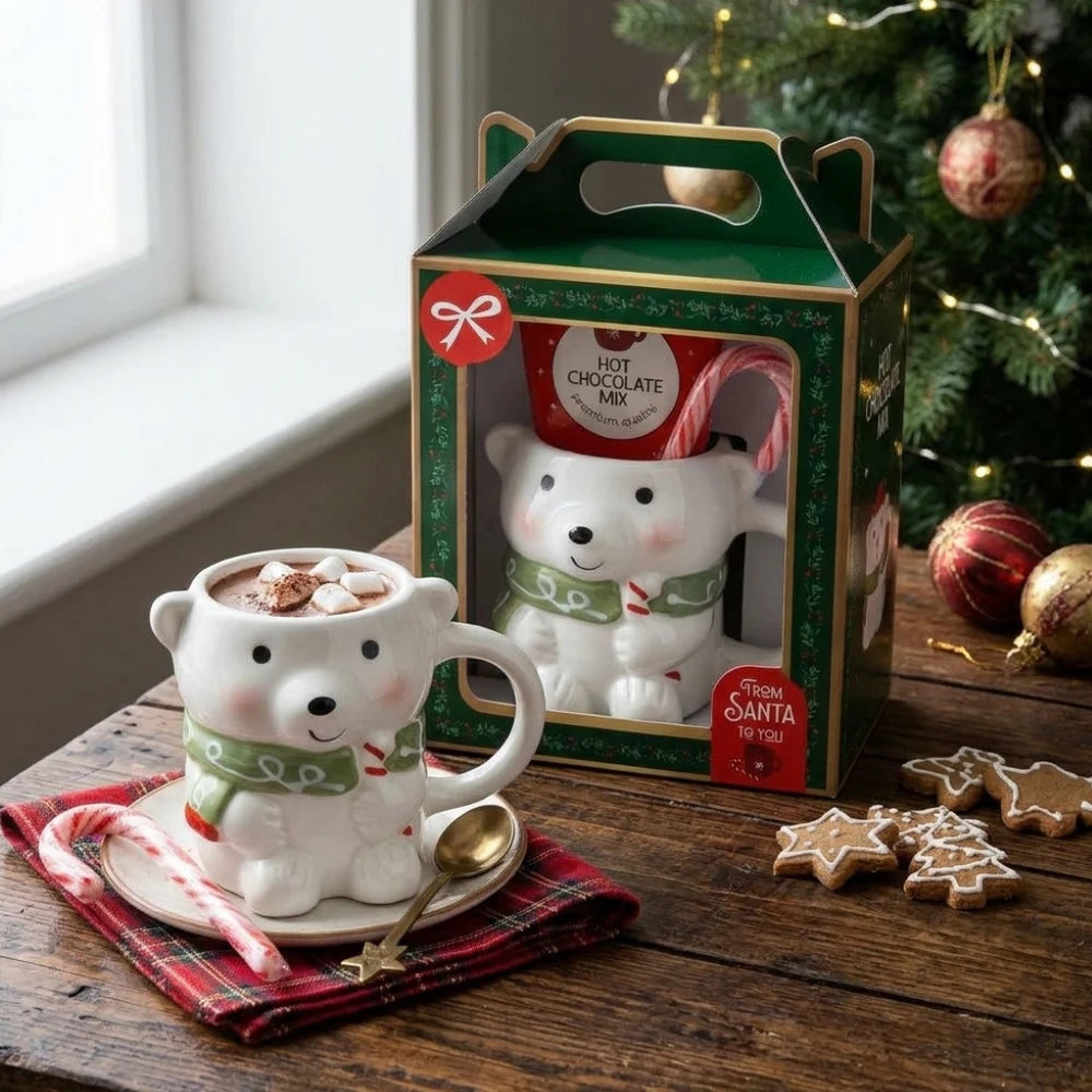 Set tazza natalizia 3D con cioccolata e bastoncino di zucchero