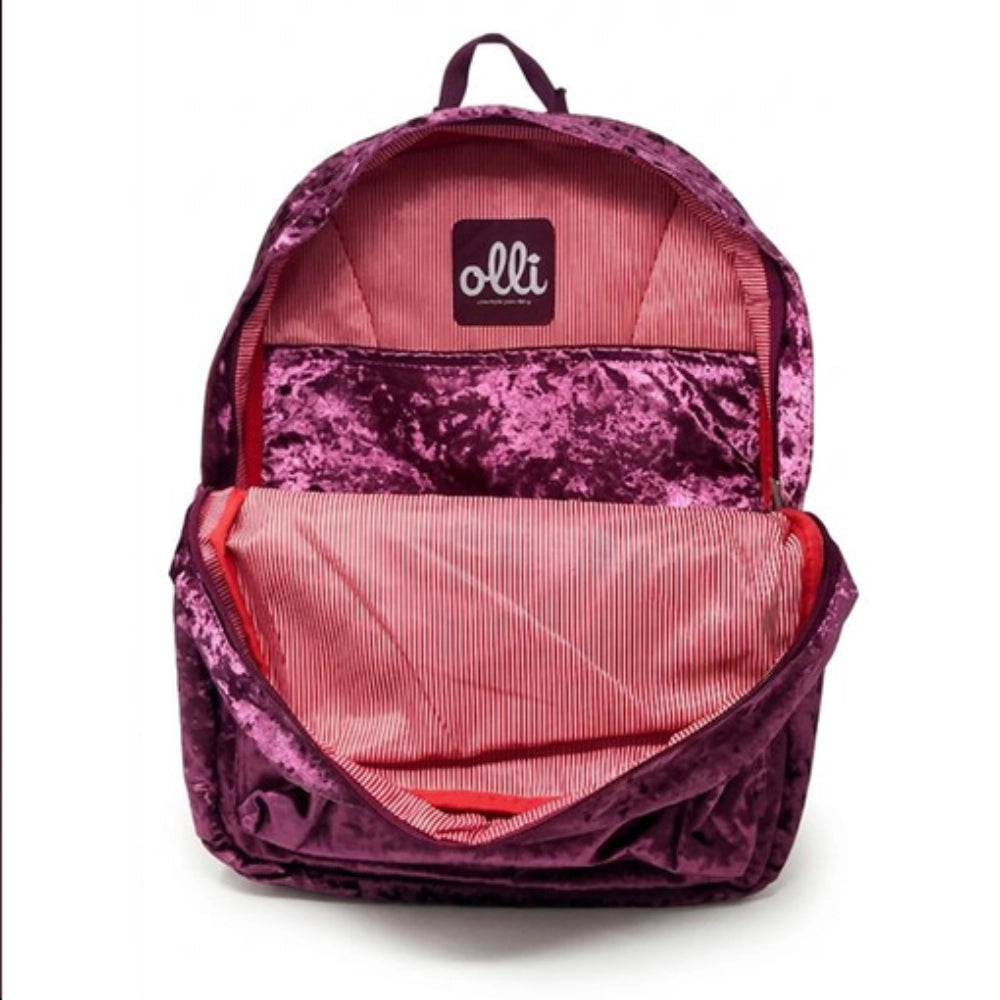 Zaino Olli Crushed Burgundy aperto scomparto principale - interno rosa a righe con divisore in velluto
