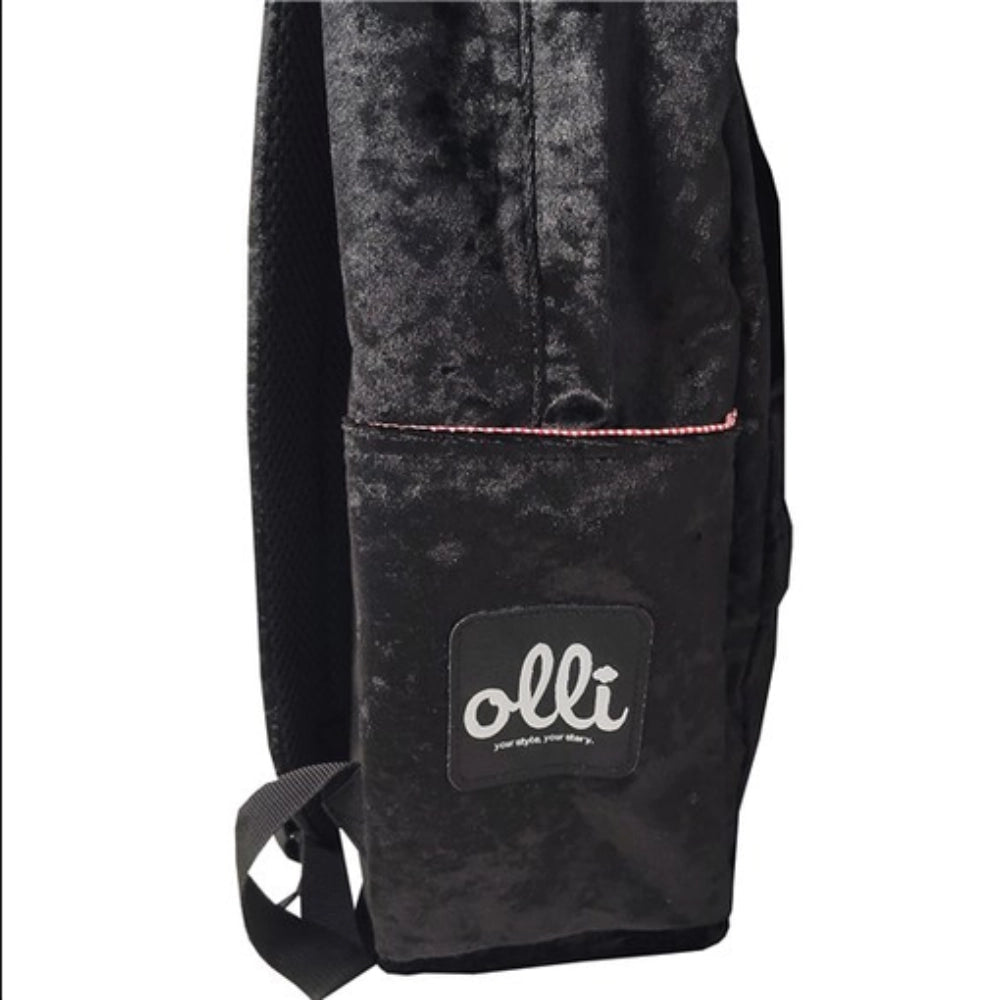 Zaino Olli Crushed Black nero laterale - dettaglio logo Olli e zip decorativa rosa