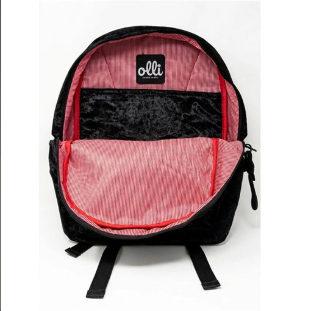 Zaino Olli Crushed Black aperto - interno rosa a righe con tasca porta laptop e scomparto principale