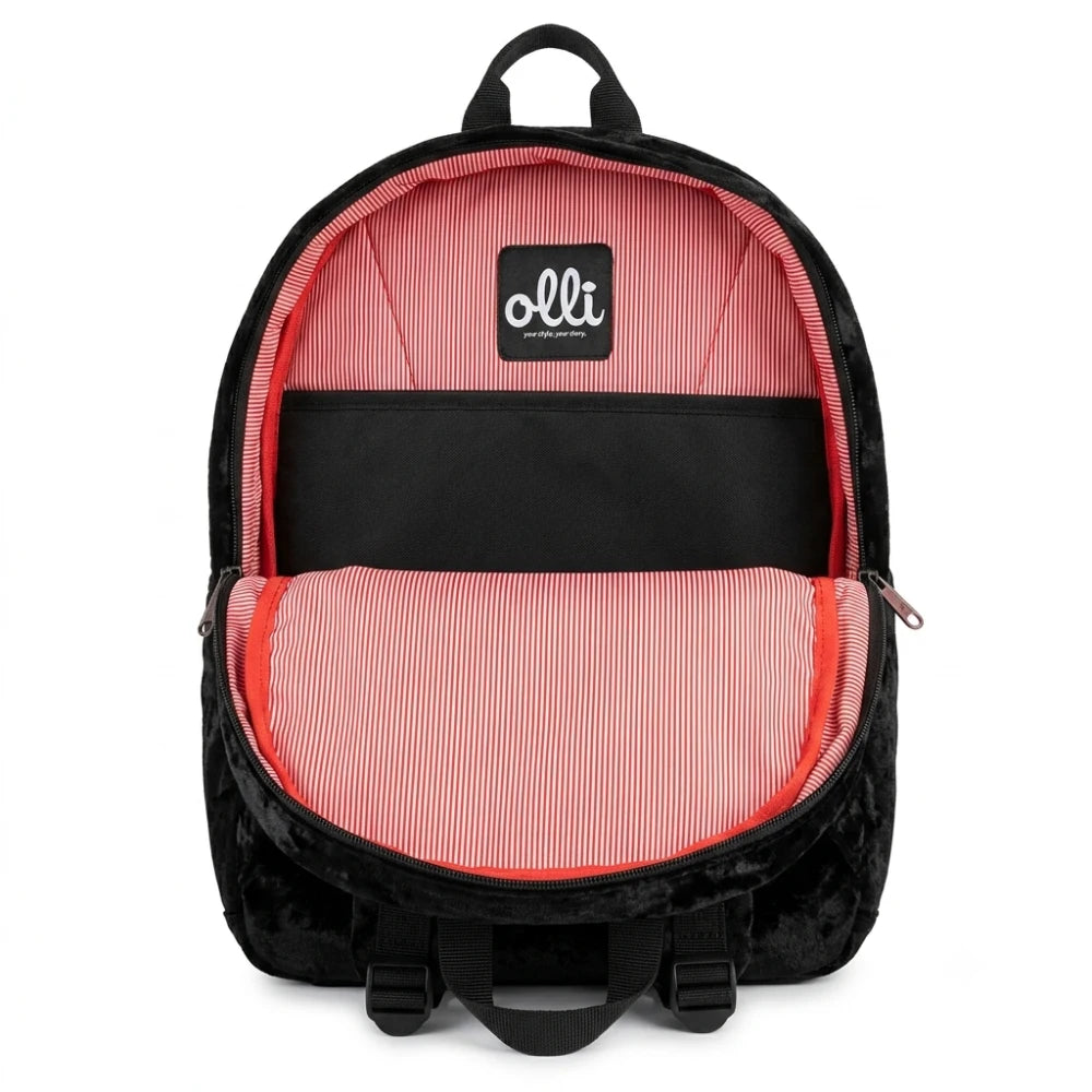 Zaino Olli Crushed Black aperto frontale - interno rosa con doppio scomparto e zip rossa