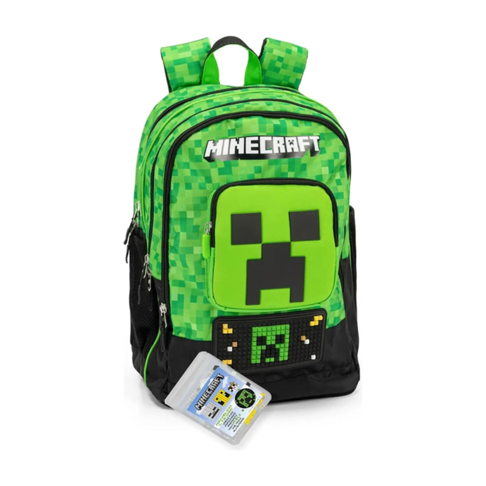 Zaino Scuola Minecraft Pixel Verde fronte con Creeper e pannello pixel silicone - Franco Cosimo Panini EAN 8058263271363