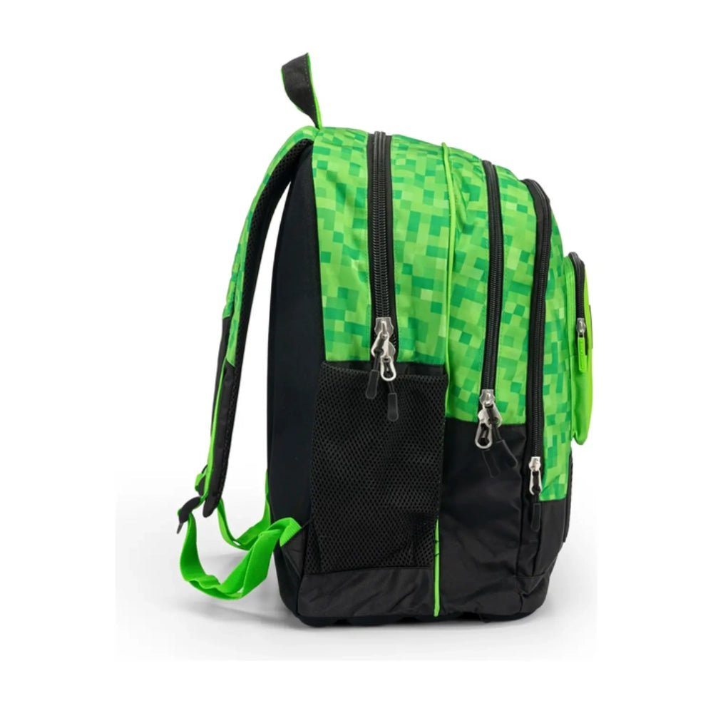 Zaino Minecraft Pixel Verde laterale - tasca in rete per borraccia e zip rinforzate