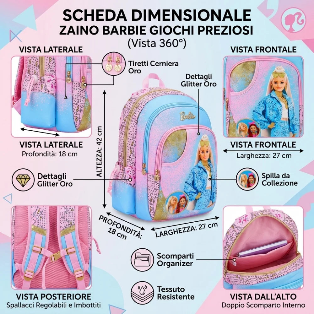 Zaino Scuola Barbie Round Azzurro Rosa — Giochi Preziosi 2026-27