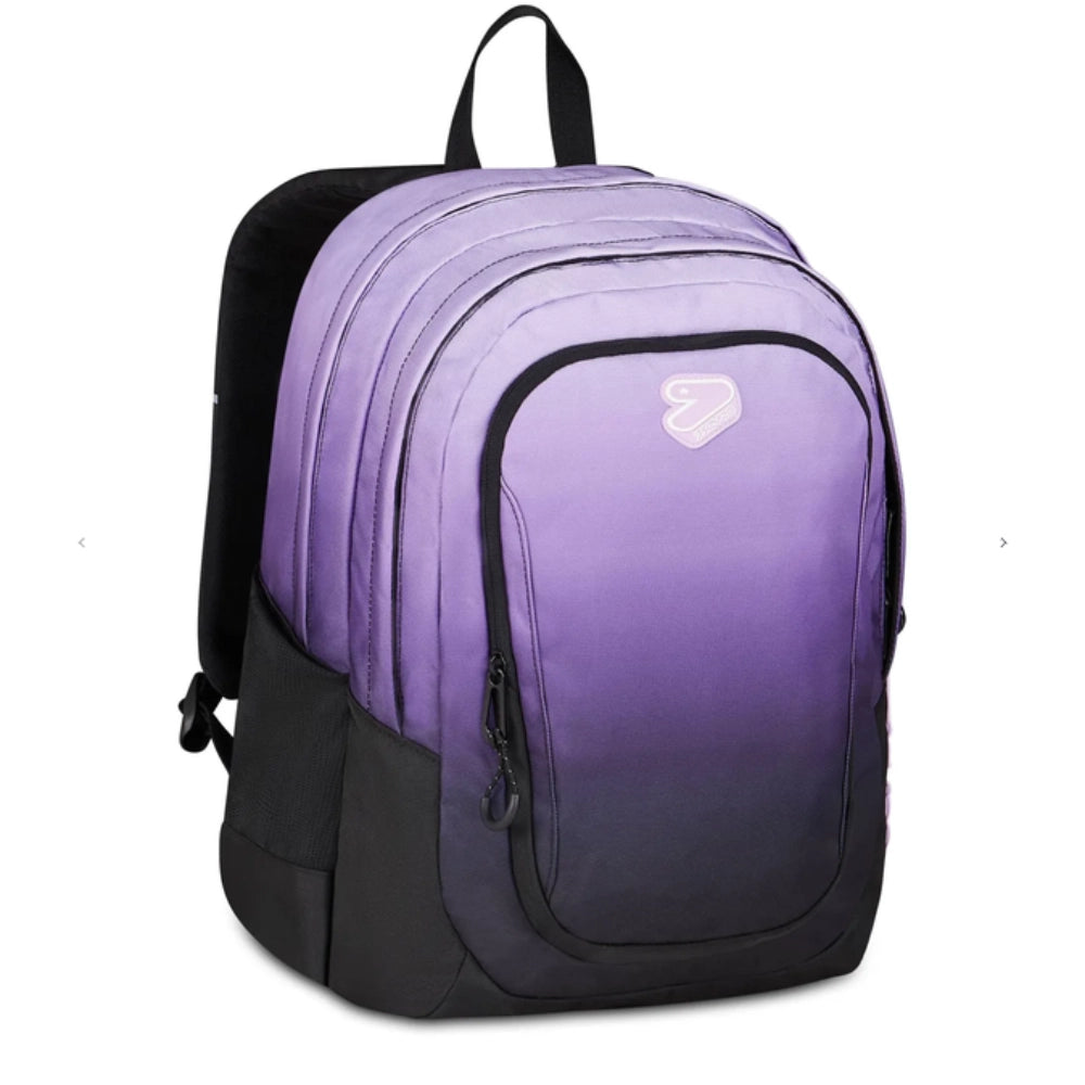 Seven TECH SHADE zaino glicine viola - vista posteriore angolata con banda riflettente e moschettone