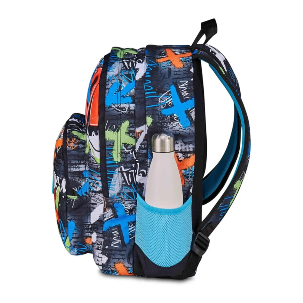 Zaino SJ Gang Ever High Flames – vista laterale con tasca porta borraccia in rete azzurra