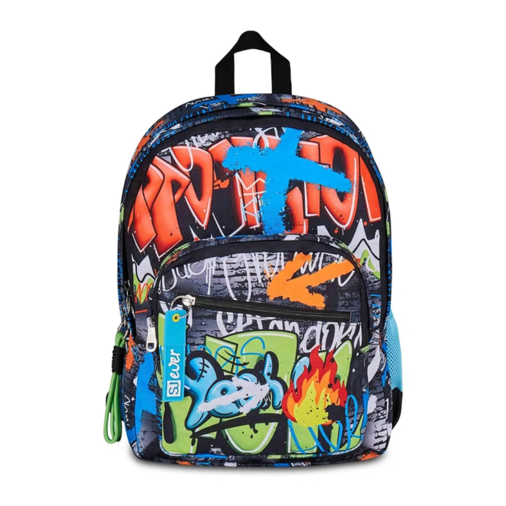 Zaino SJ Gang Ever High Flames Seven 31L – fronte grafica graffiti fiamme con charm SJ