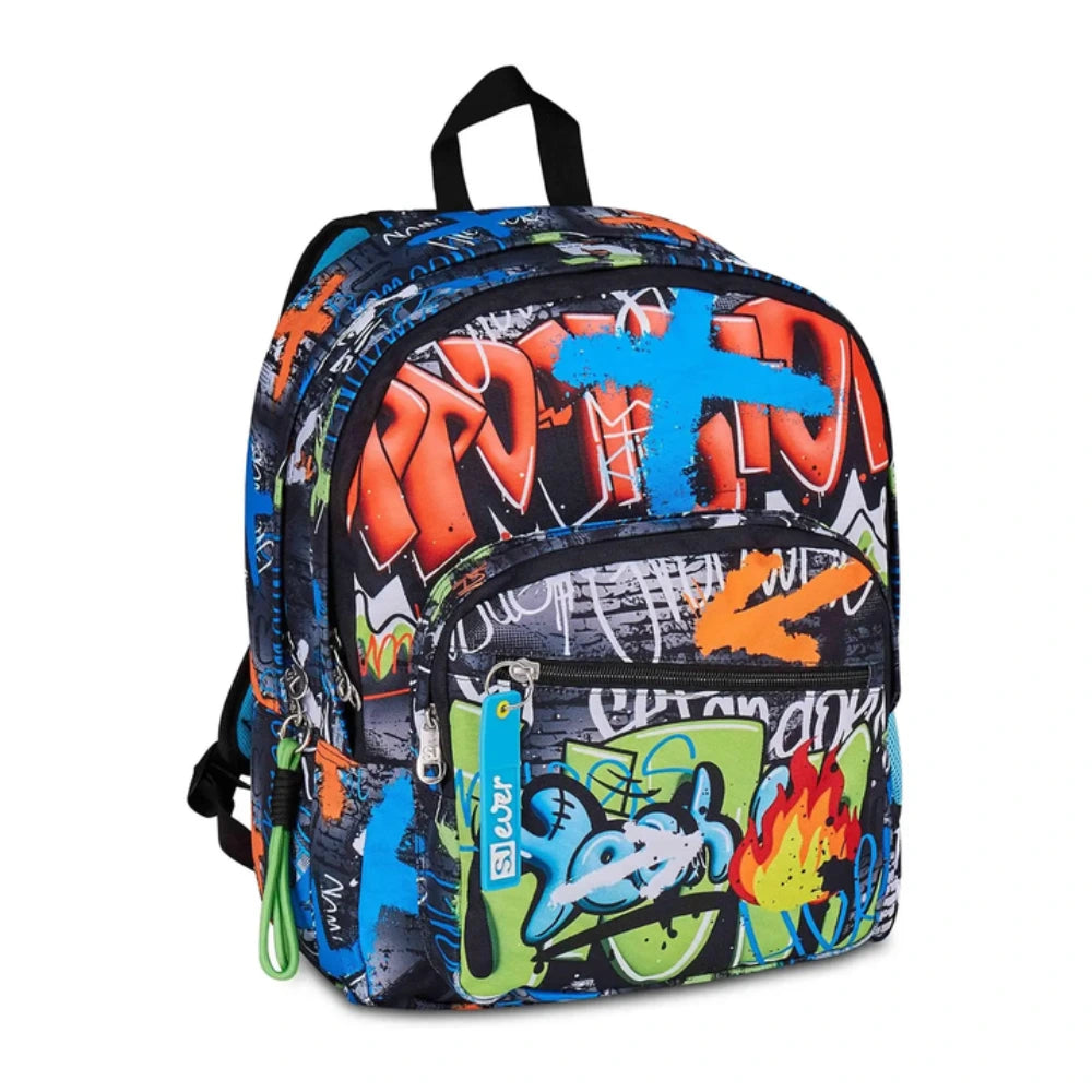 Zaino SJ Gang Ever High Flames – vista frontale tre quarti con charm staccabile