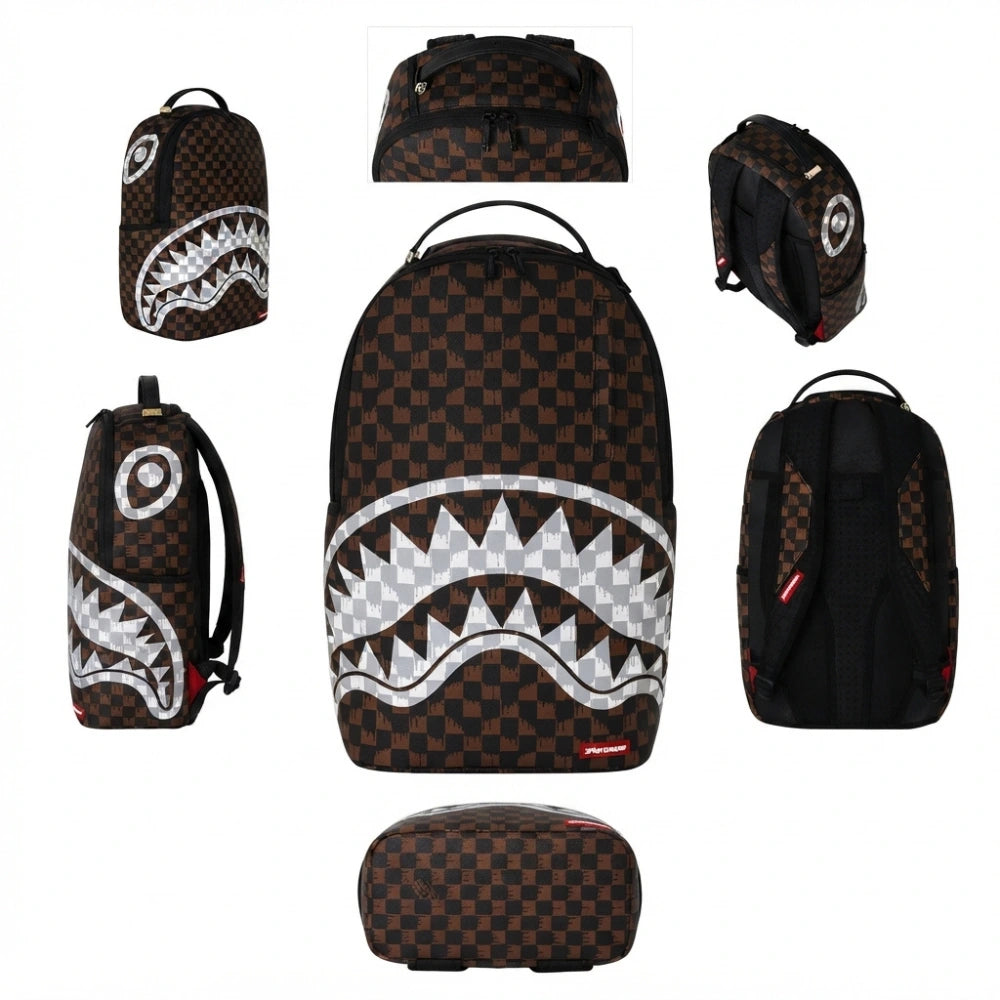 Sprayground Brown and Cream Drip Check Backpack