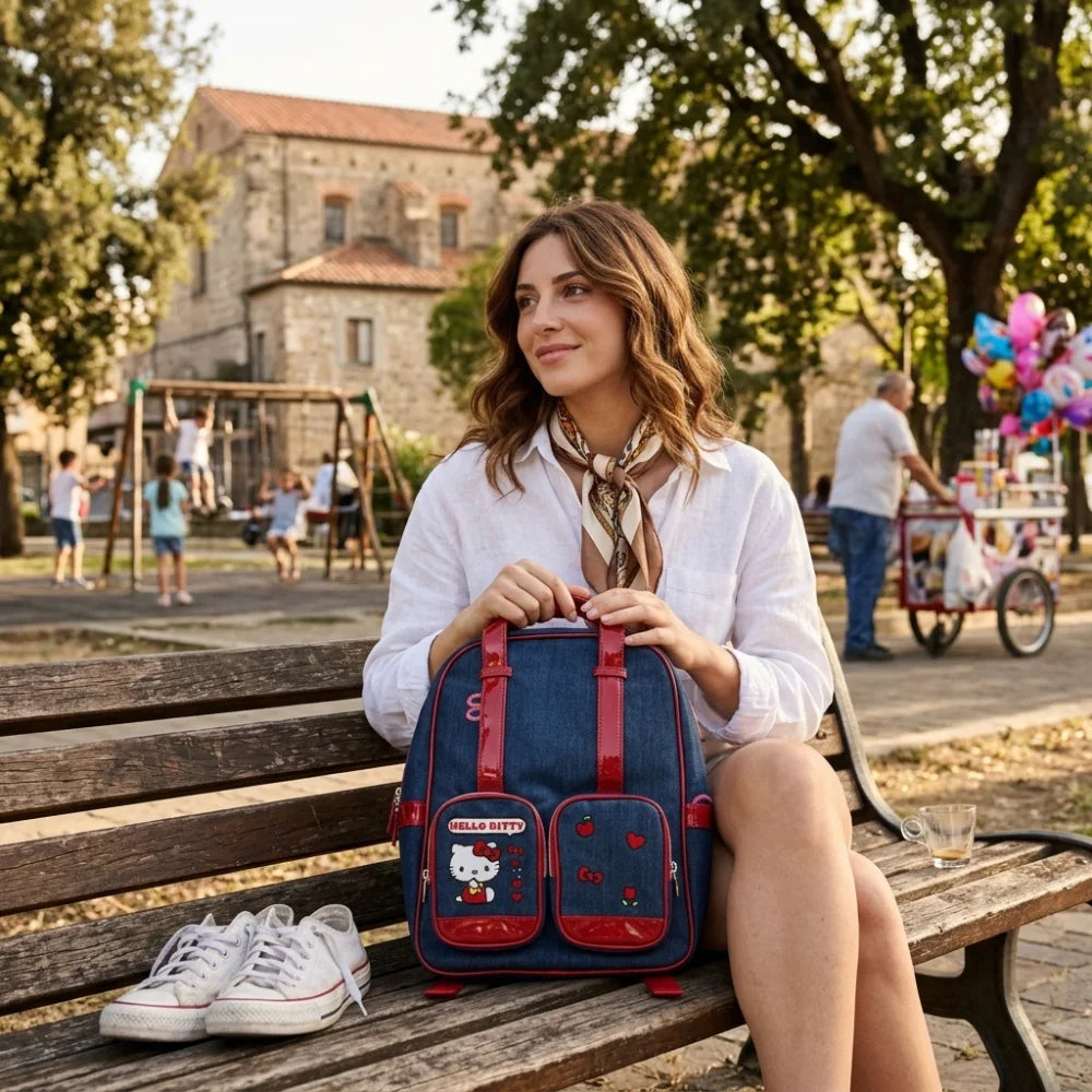 Hello Kitty zaino tempo libero effetto denim blu e rosso