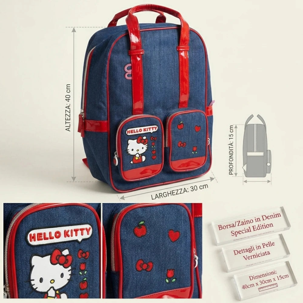 Hello Kitty zaino tempo libero effetto denim blu e rosso
