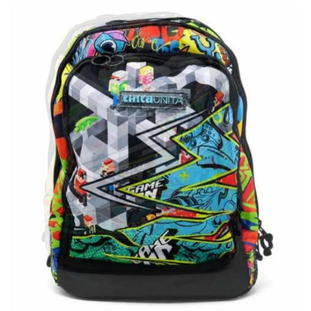 Zaino Scuola Tinta Unita Game Dream Cross 28 Litri 2026 27 - vista frontale grafica gaming pixel-art con personaggi e scritta Game On