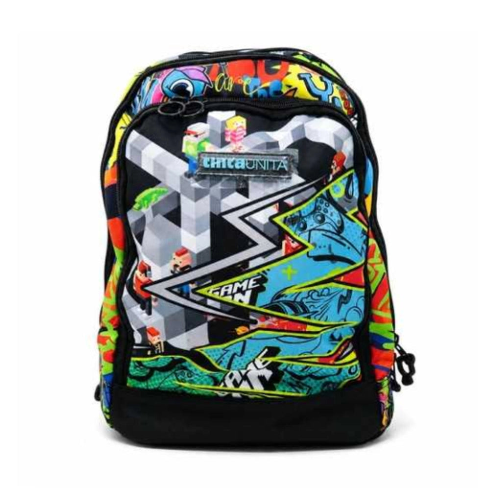 Zaino Scuola Tinta Unita Game Dream Cross 28 Litri 2026 27 - vista laterale grafica graffiti multicolor con labirinto 3D e personaggi pixel