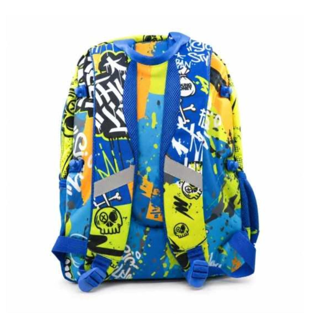 Zaino Scuola Tinta Unita Young Monster Truck Dream Cross 28 Litri - vista frontale grafica graffiti blu giallo arancio con teschi