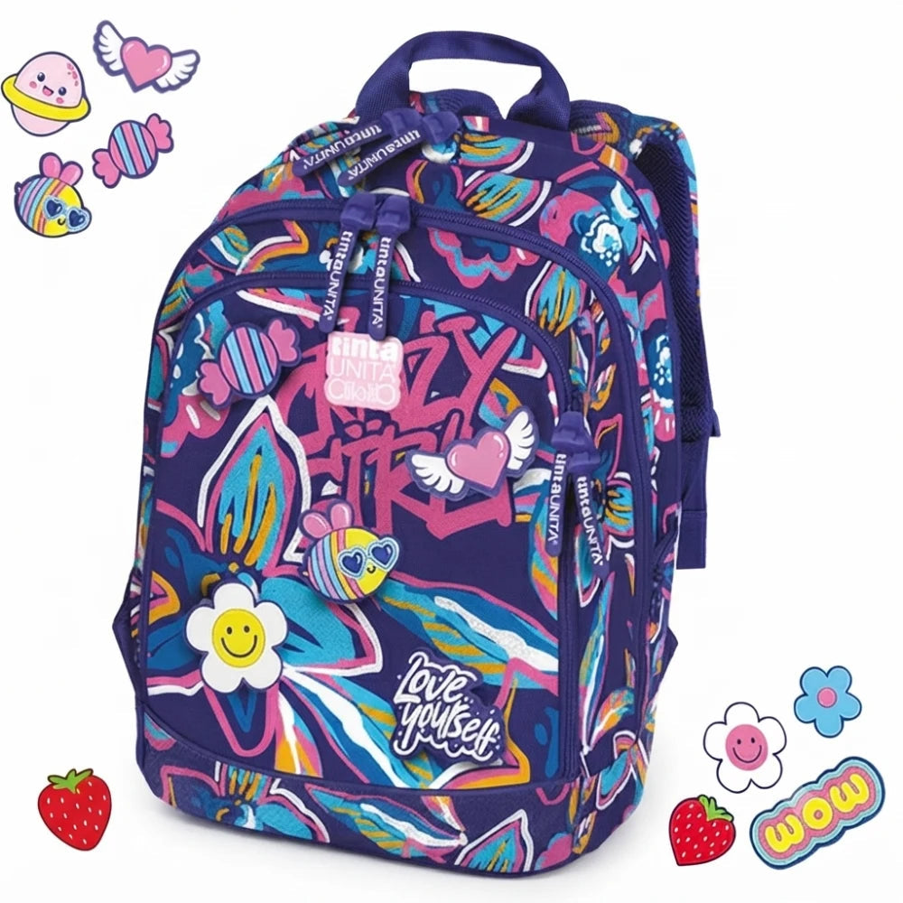 Zaino TintaUNITA Crazy Girl 2026/2027 – fantasia floreale viola con patch e sticker