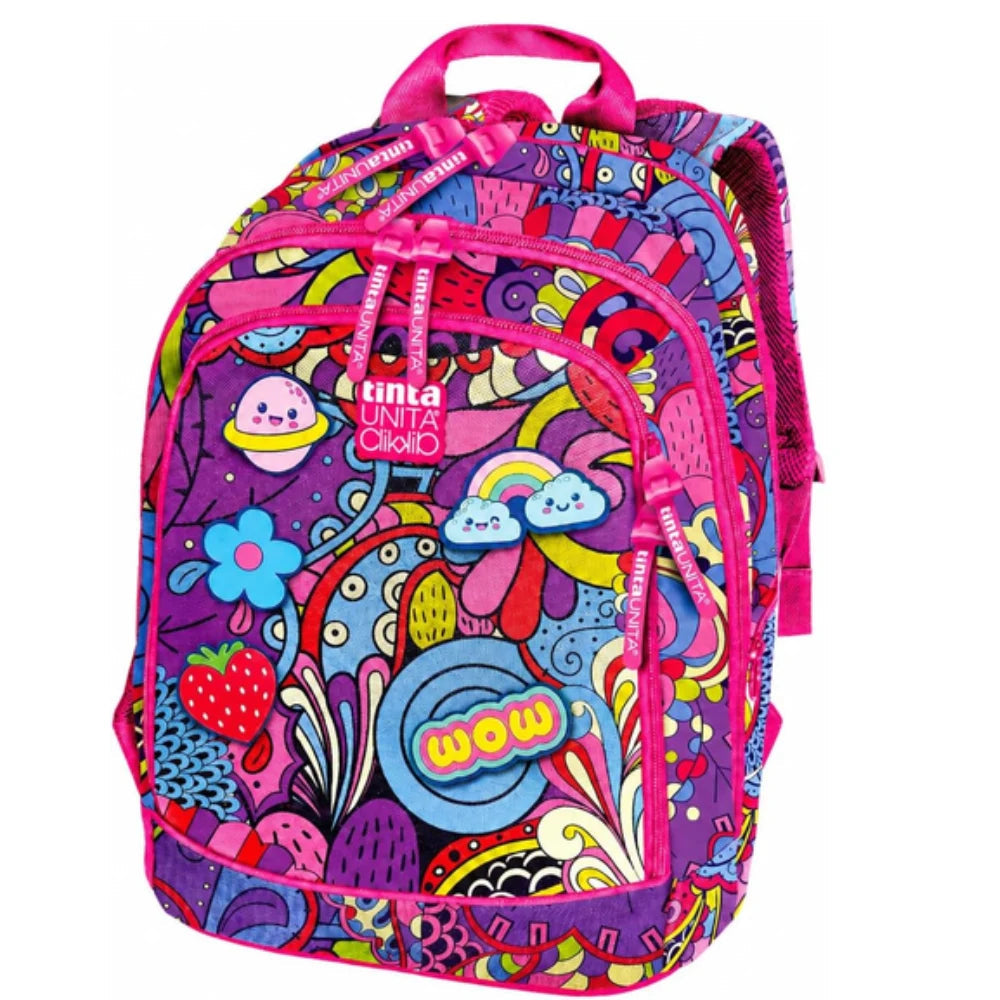 Zaino TintaUNITA Girl Power 2026/2027 – fantasia multicolore viola/fucsia con 5 patch intercambiabili incluse