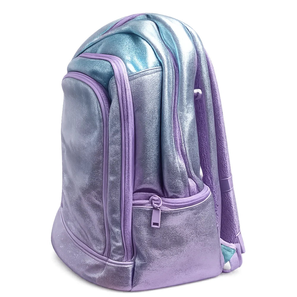Zaino IntaUNIX tinta unita glitter viola azzurro – vista posteriore con spallacci ergonomici