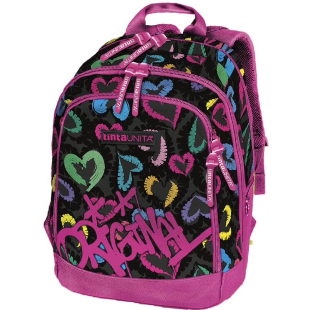 Zaino TintaUNITA Original 2026/2027 – fantasia cuori multicolore su fondo nero con scritta Original fucsia