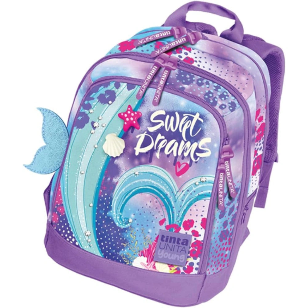 Zaino TintaUNITA Sweet Dreams Sirena 2026/2027 – vista frontale con coda di sirena e patch