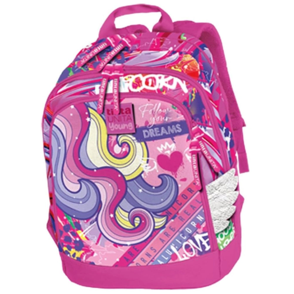 Zaino TintaUNITA Dream Unicorn Cross System 2026/2027 – fantasia unicorno rosa/viola con ali in paillettes e scritta Follow Your Dreams
