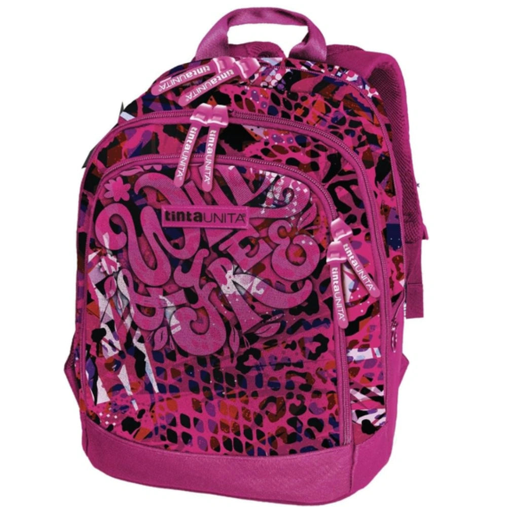 Zaino TintaUNITA Dream Wild & Free Cross System 2026/2027 – fantasia maculata rosa fucsia con scritta in rilievo